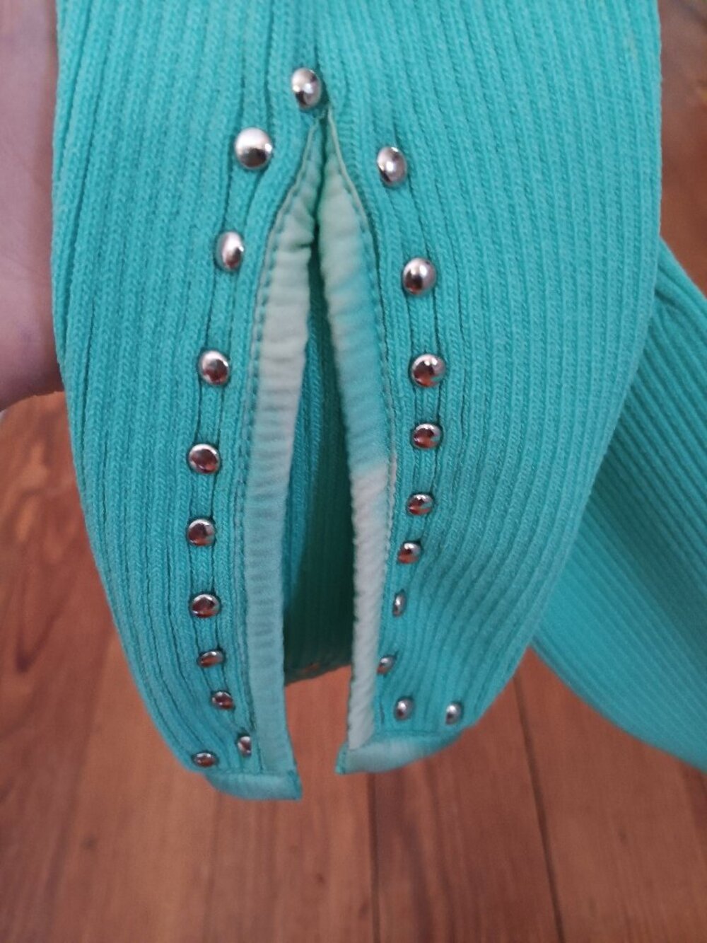 Iconic Cache double zip sweater rhinestones mint green XS Gabriella Solis FLAWS - Picture 10 of 11